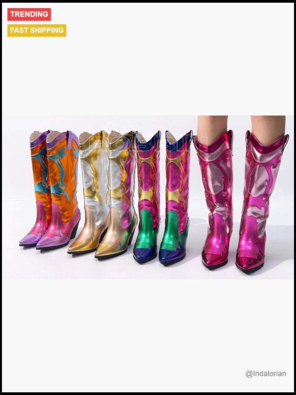 Metallic Colorblock Cowboy Boots - Faux Leather Mid Calf 3in Heel Pointed Toe - Picture 7 of 7
